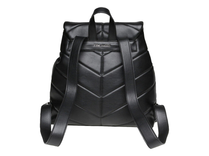 Mochila negra de Steve Madden con diseño acolchado en forma de V y logotipo metálico frontal.