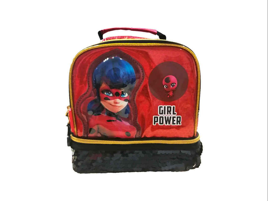 Lonchera roja de Ladybug para niña con diseño brillante, texto Girl Power y base de lentejuelas negras.