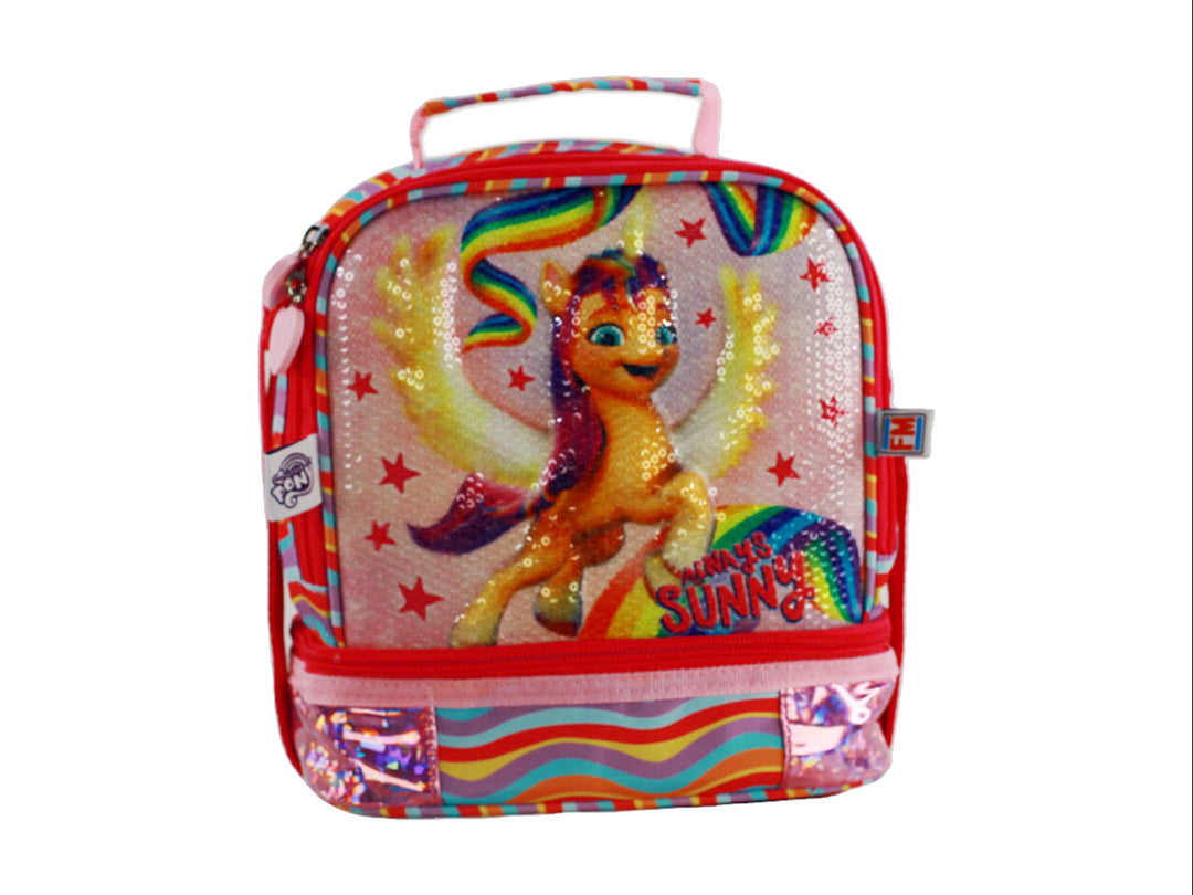Lonchera rosa de My Little Pony con diseño de arcoíris y acabado brillante para niña.