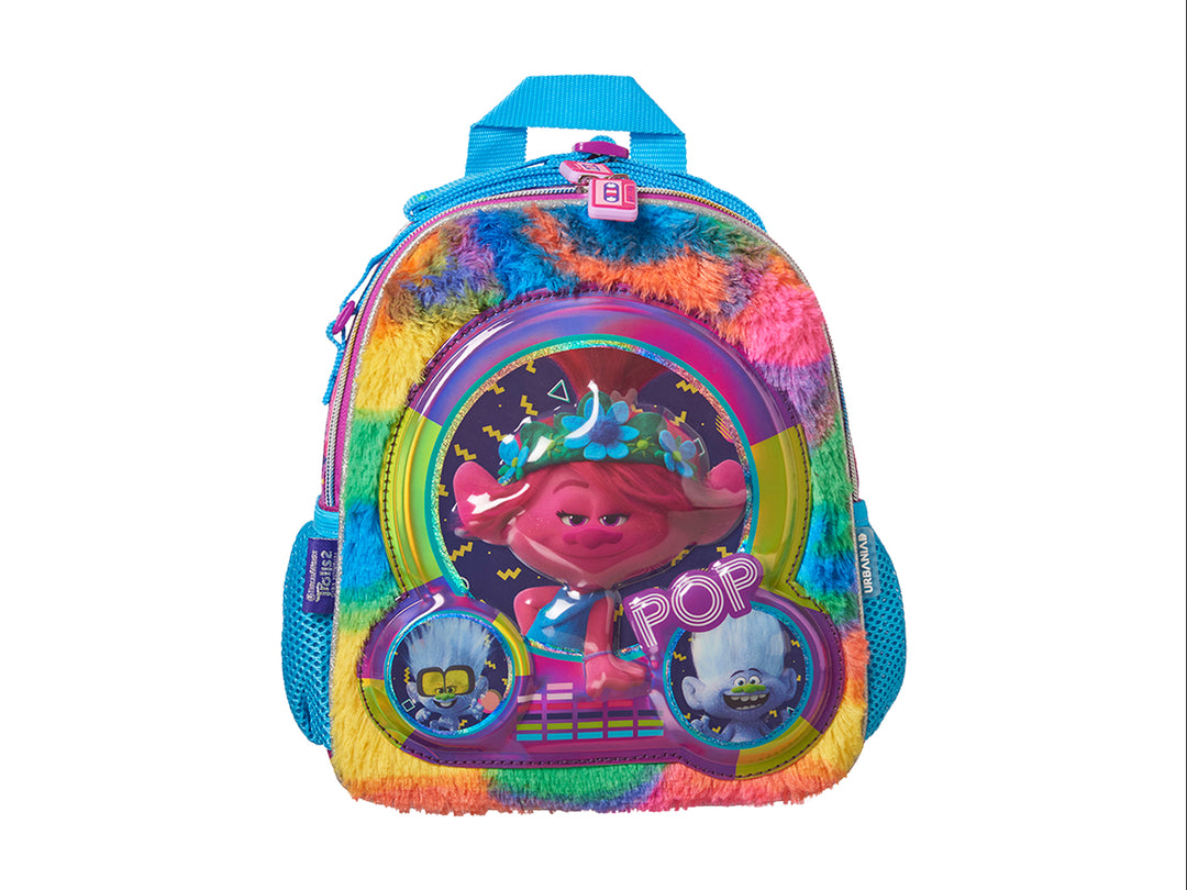 Lonchera multicolor de Trolls con textura de peluche y diseño circular frontal para niña.