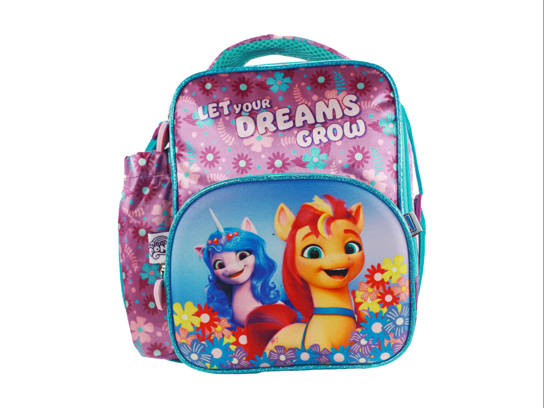 Lonchera lila de My Little Pony con estampado de flores y personajes para niña.
