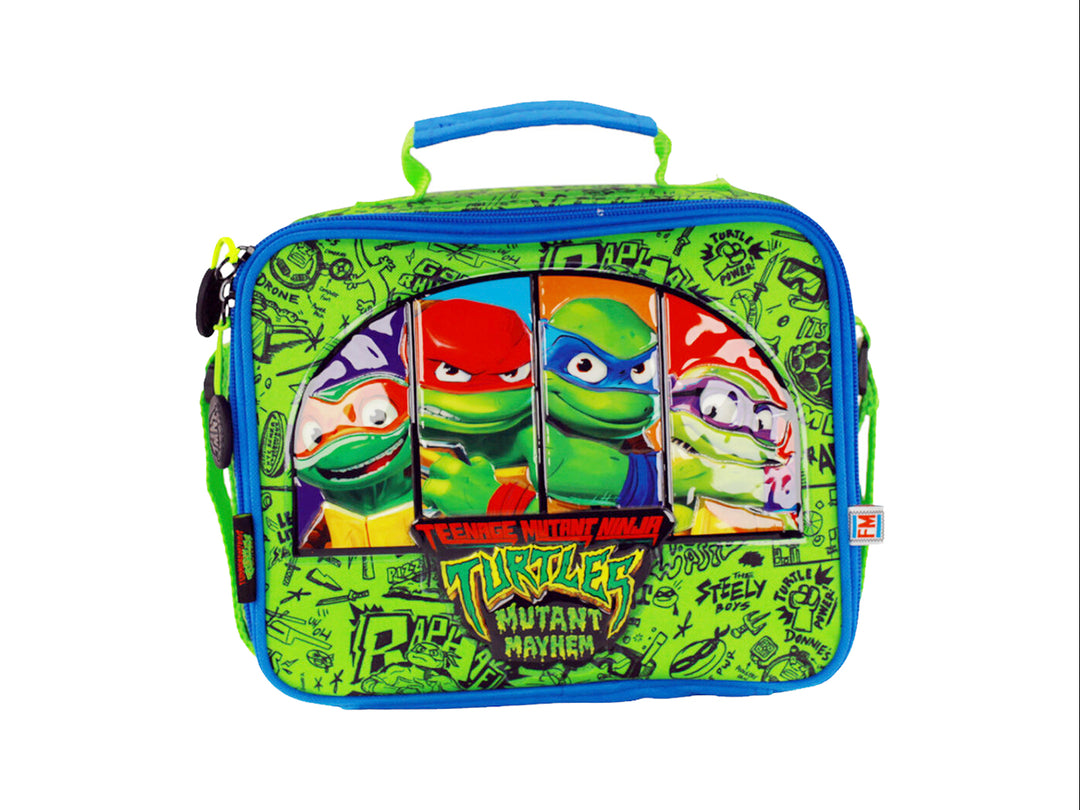 Lonchera verde de Teenage Mutant Ninja Turtles con imágenes de los personajes y asa azul para niño.