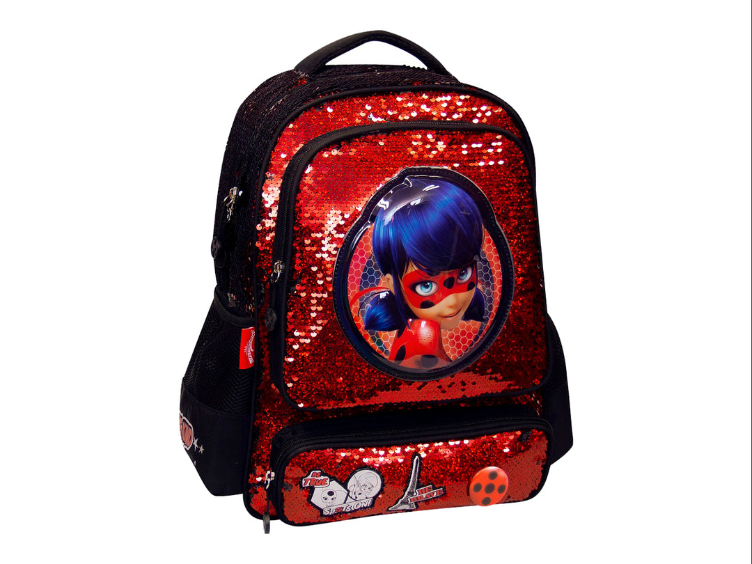 Mochila roja para niña con lentejuelas y estampado central de Lady Bug.