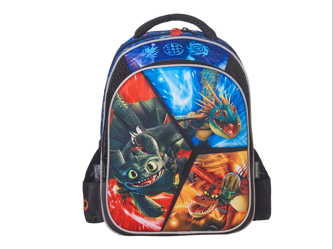 Mochila escolar infantil multicolor con estampado de personajes de Cómo entrenar a tu dragón.