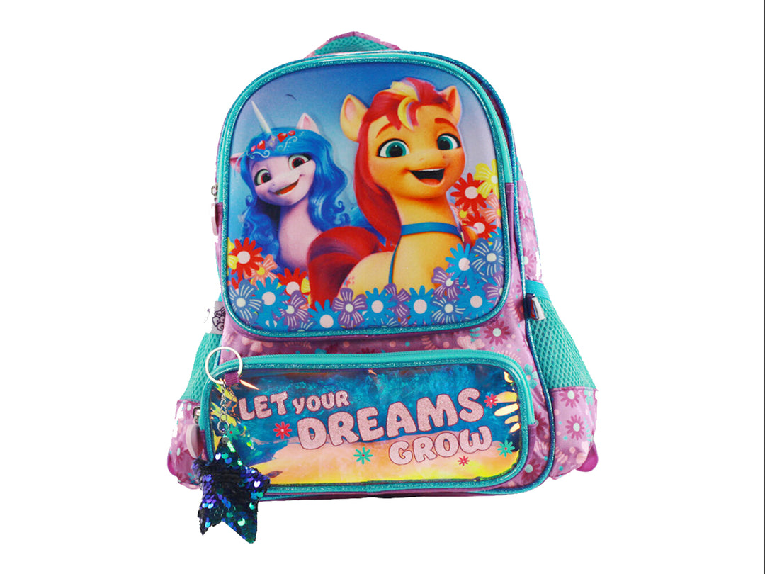 Mochila infantil verde y multicolor de My Little Pony con personajes y frase Let your dreams grow.