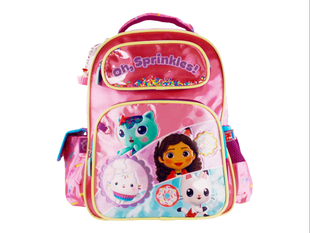 Mochila escolar rosa y lila para niña con personajes de Gabby's Dollhouse y detalles brillantes.