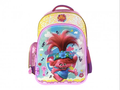 Mochila escolar multicolor para niña con estampado del personaje Poppy de Trolls en colores rosa y lila.