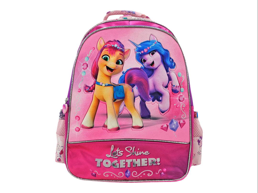 Mochila escolar rosa para niña con estampado de personajes de My Little Pony y frase Let's Shine Together.