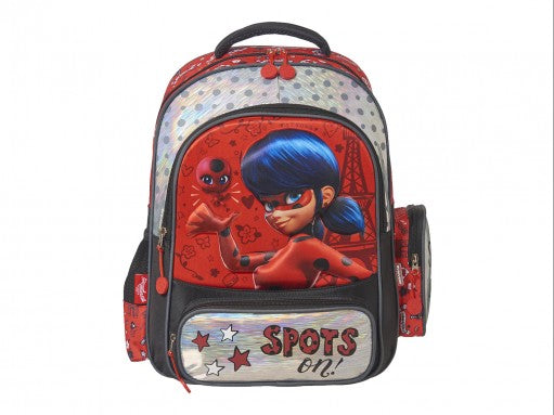 Mochila escolar multicolor de Ladybug con diseño brillante y bolsillo frontal para niña.