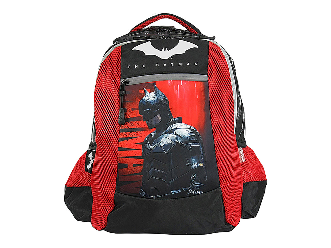 Mochila escolar para niño en colores negro y rojo con estampado de Batman.
