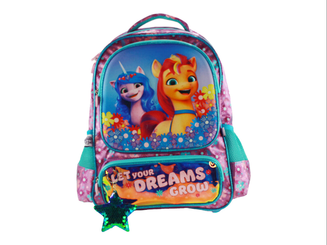 Mochila escolar My Little Pony en colores lila y azul con personajes animados y frase Let Your Dreams Grow.