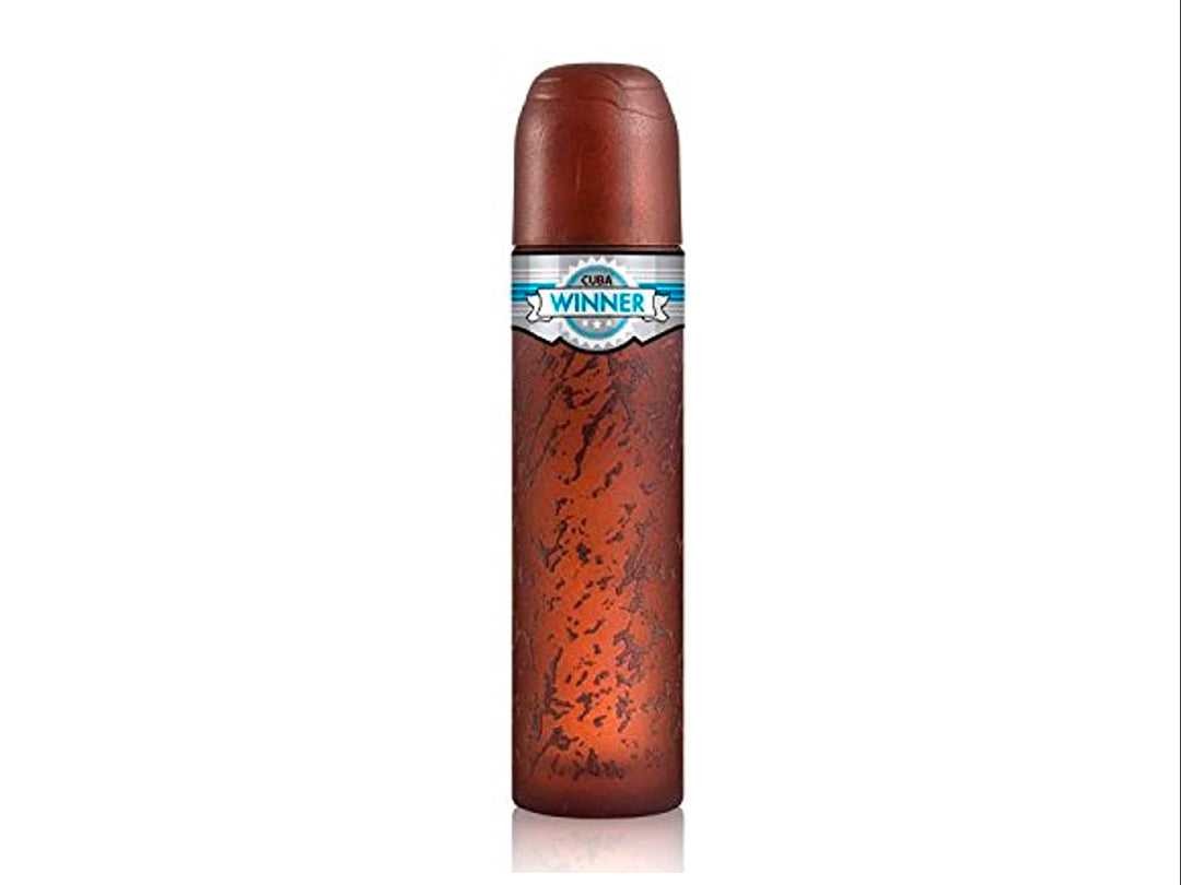 Perfume Cuba Winner para hombre con botella marrón y estuche cilíndrico plateado con detalles azules.