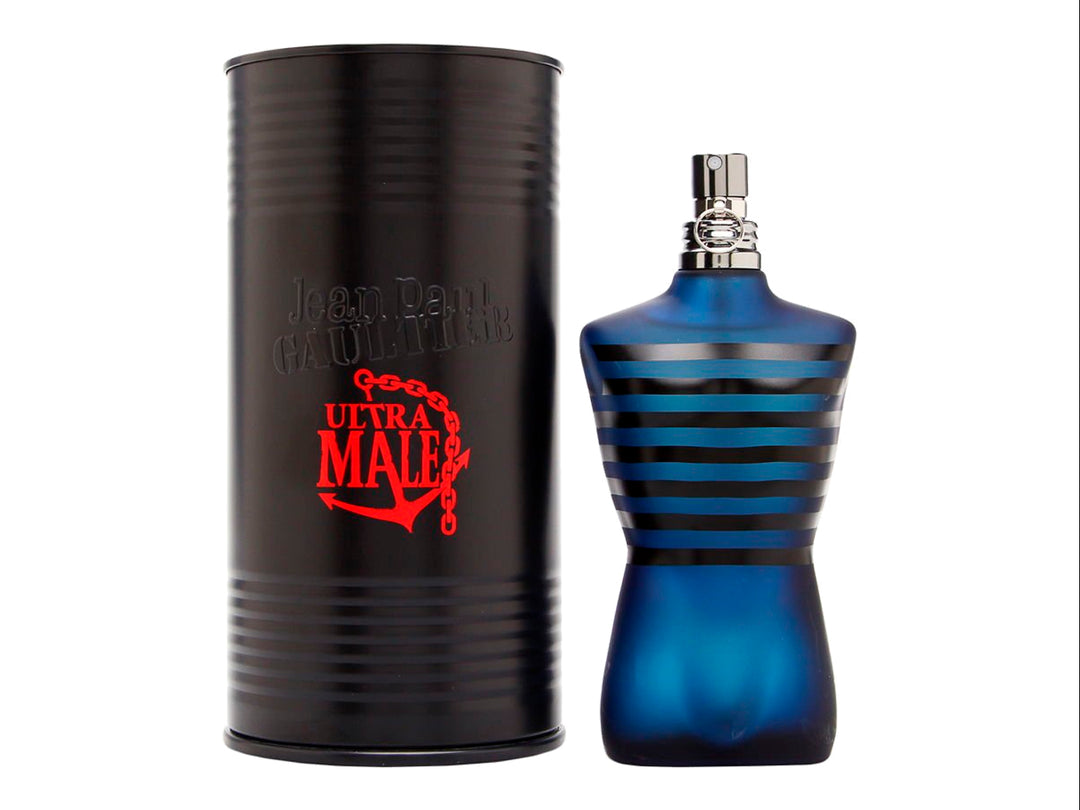 Perfume Jean Paul Gaultier Ultra Male con botella en forma de torso azul y envase protector negro.