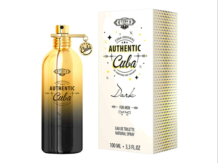 Perfume Cuba Authentic Dark para Hombre, botella con degradado dorado y negro junto a su caja blanca.