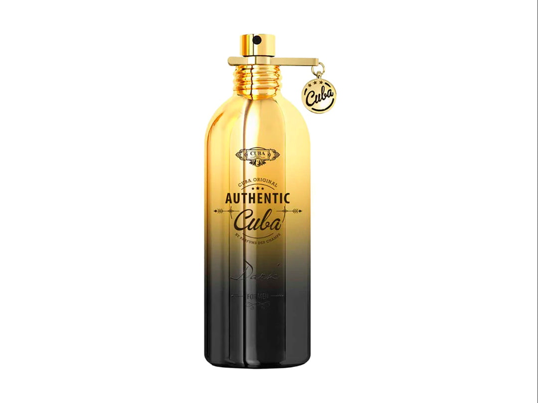 Perfume Cuba Authentic Dark para Hombre, botella con degradado dorado y negro junto a su caja blanca.