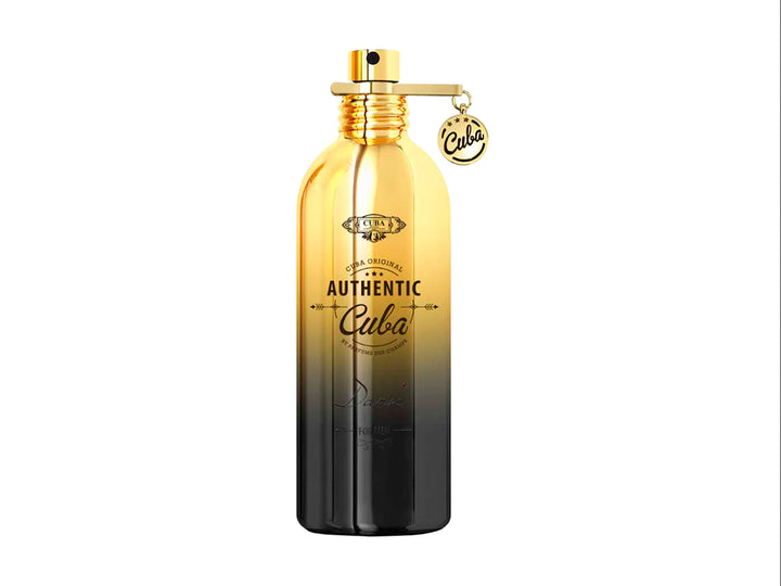 Perfume Cuba Authentic Dark para Hombre, botella con degradado dorado y negro junto a su caja blanca.