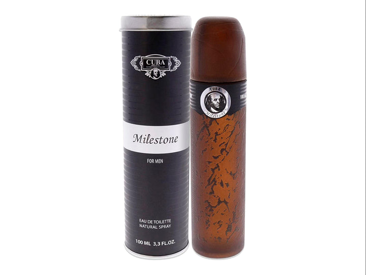 Perfume Cuba Milestone para hombre con botella de vidrio color ámbar y empaque cilíndrico negro y blanco.