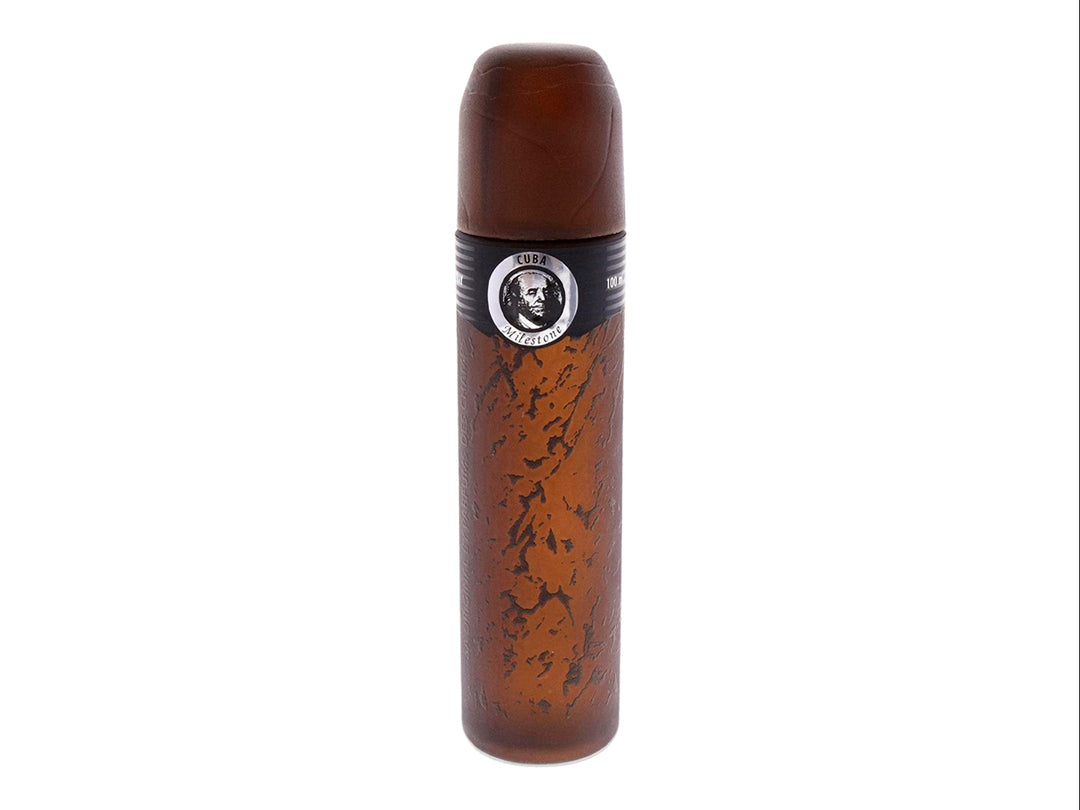 Perfume Cuba Milestone para hombre con botella de vidrio color ámbar y empaque cilíndrico negro y blanco.