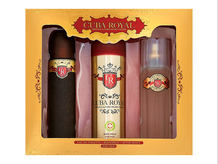 Set de 3 piezas Cuba Royal para hombre que incluye Eau de Toilette, Body Spray y After Shave en empaque dorado.