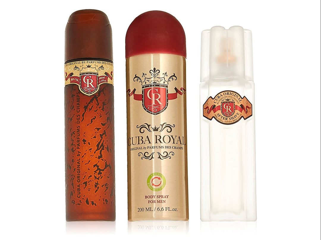 Set de 3 piezas Cuba Royal para hombre que incluye Eau de Toilette, Body Spray y After Shave en empaque dorado.