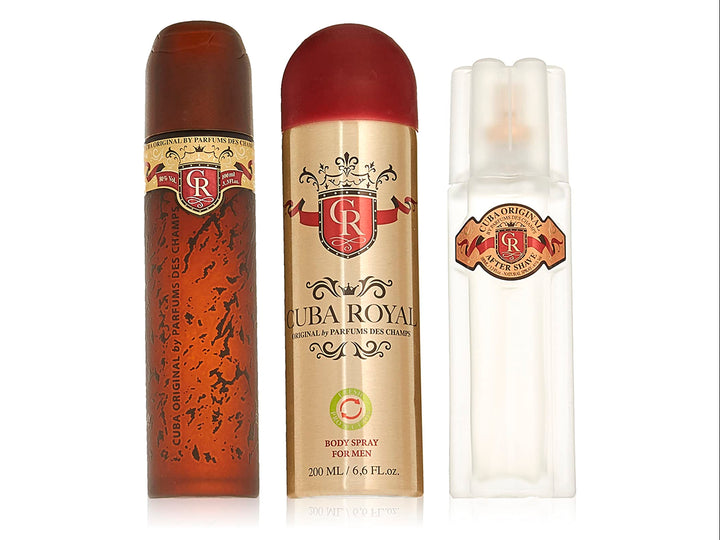 Set de 3 piezas Cuba Royal para hombre que incluye Eau de Toilette, Body Spray y After Shave en empaque dorado.