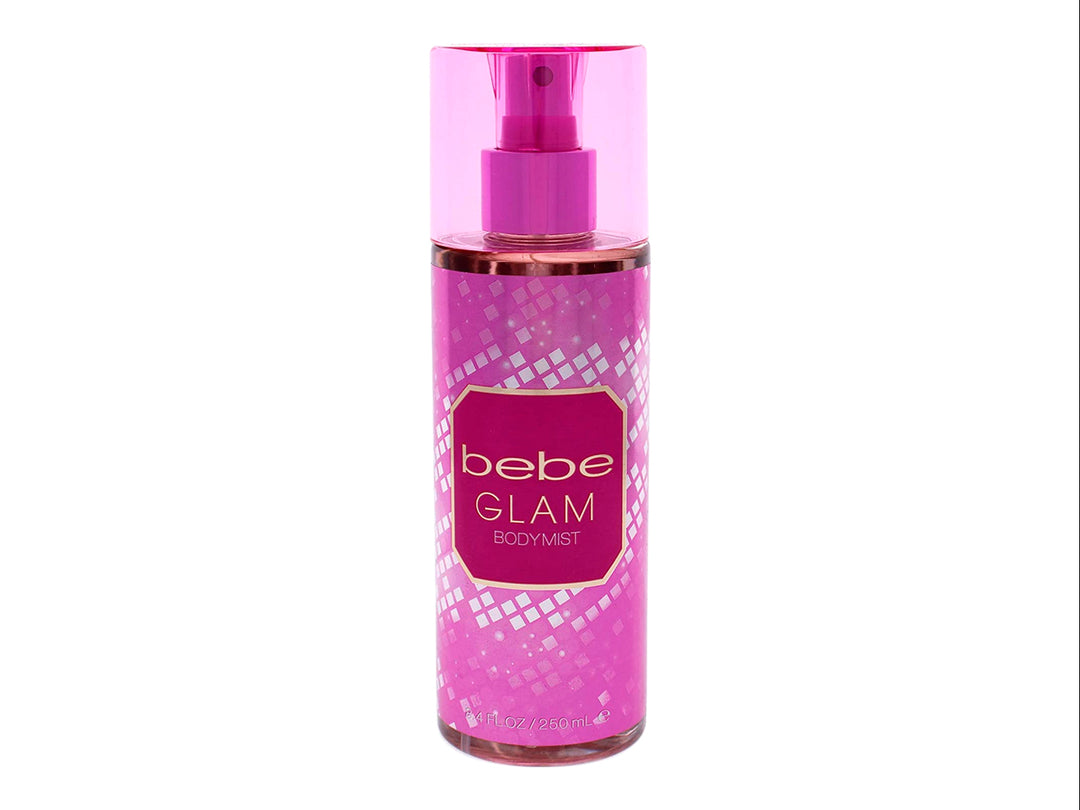 Botella cilíndrica de Body Mist Bebe Glam en color rosa con tapa transparente y diseño decorativo.