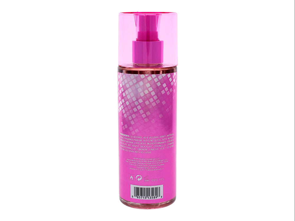 Botella cilíndrica de Body Mist Bebe Glam en color rosa con tapa transparente y diseño decorativo.