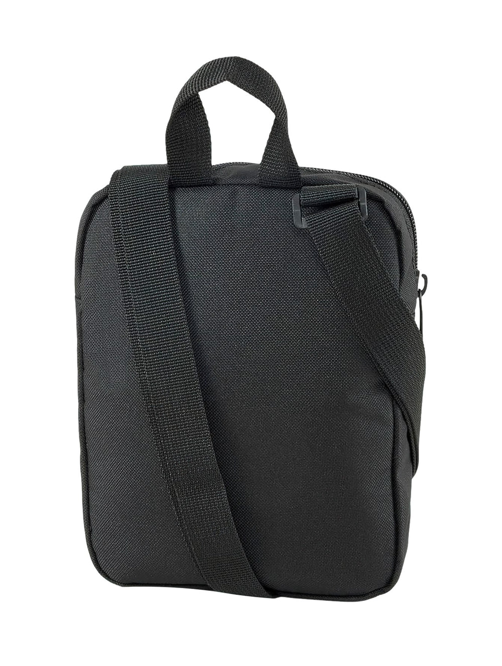 Bolso portable PUMA Phase de color negro con logotipo blanco frontal y correa ajustable.