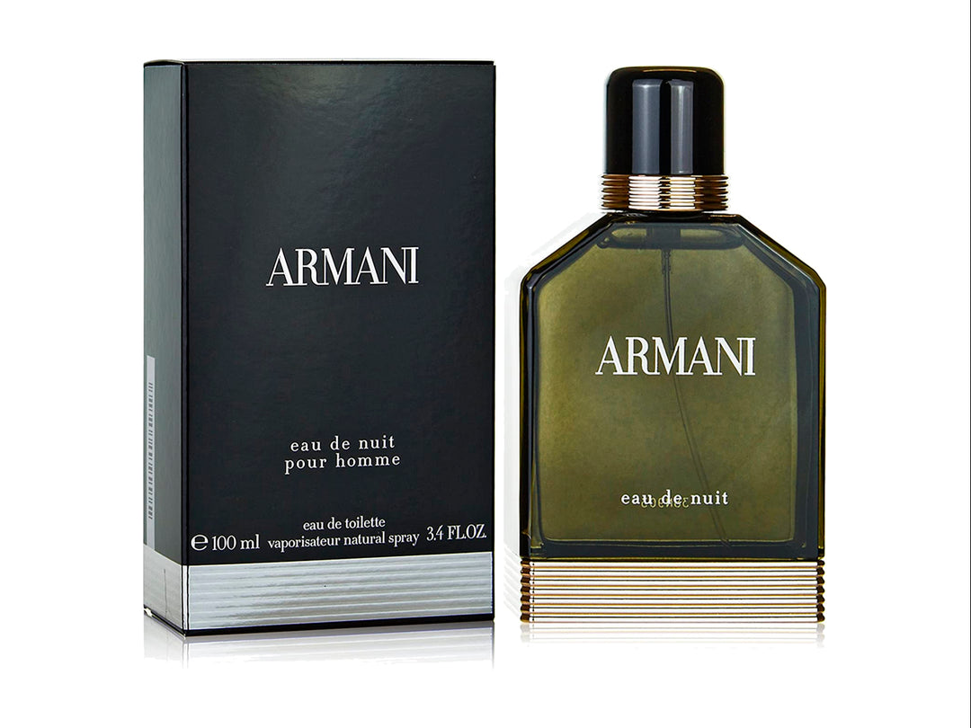 Perfume Giorgio Armani Eau de Nuit para Hombre, frasco de vidrio verde oliva con caja negra y detalles dorados.