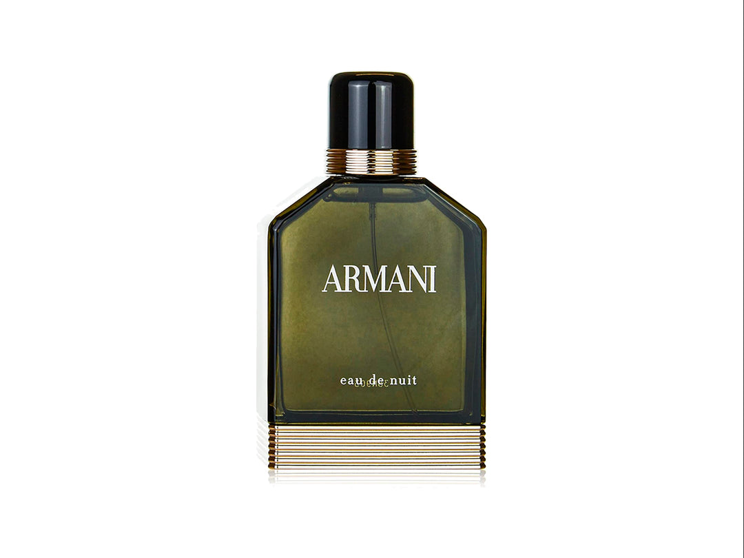 Perfume Giorgio Armani Eau de Nuit para Hombre, frasco de vidrio verde oliva con caja negra y detalles dorados.