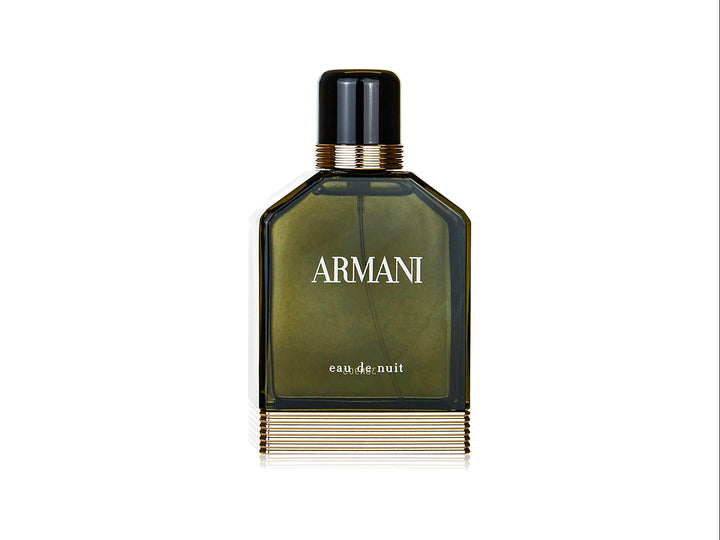 Perfume Giorgio Armani Eau de Nuit para Hombre, frasco de vidrio verde oliva con caja negra y detalles dorados.