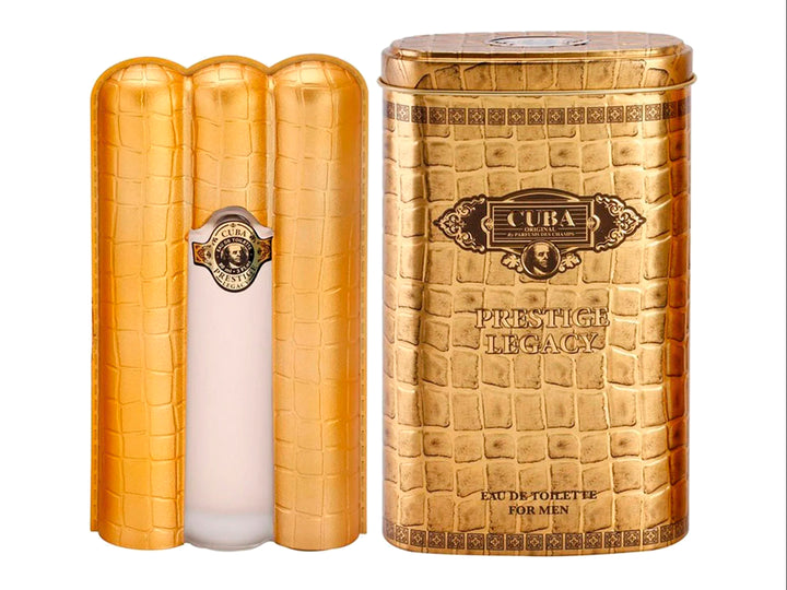 Perfume Cuba Prestige Legacy en envase cilíndrico dorado con textura de piel y estuche metálico a juego.