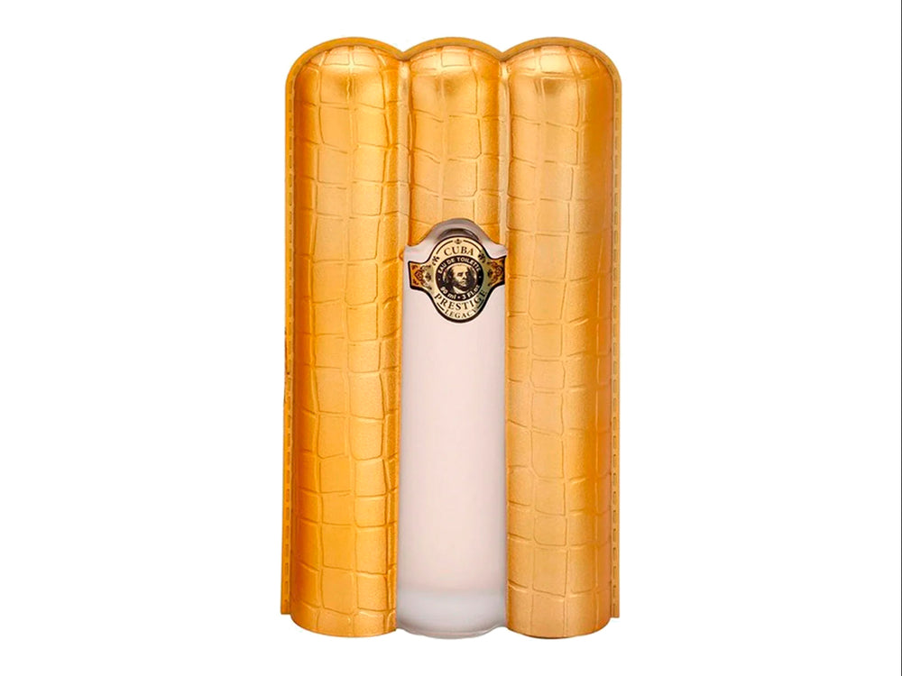 Perfume Cuba Prestige Legacy en envase cilíndrico dorado con textura de piel y estuche metálico a juego.