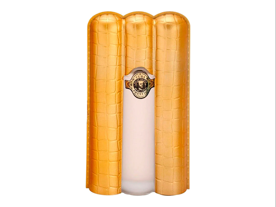 Perfume Cuba Prestige Legacy en envase cilíndrico dorado con textura de piel y estuche metálico a juego.