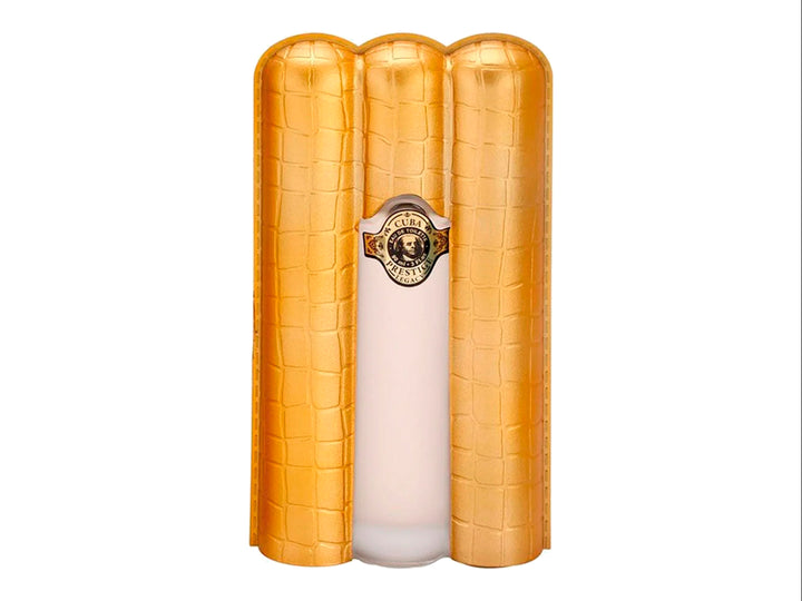 Perfume Cuba Prestige Legacy en envase cilíndrico dorado con textura de piel y estuche metálico a juego.