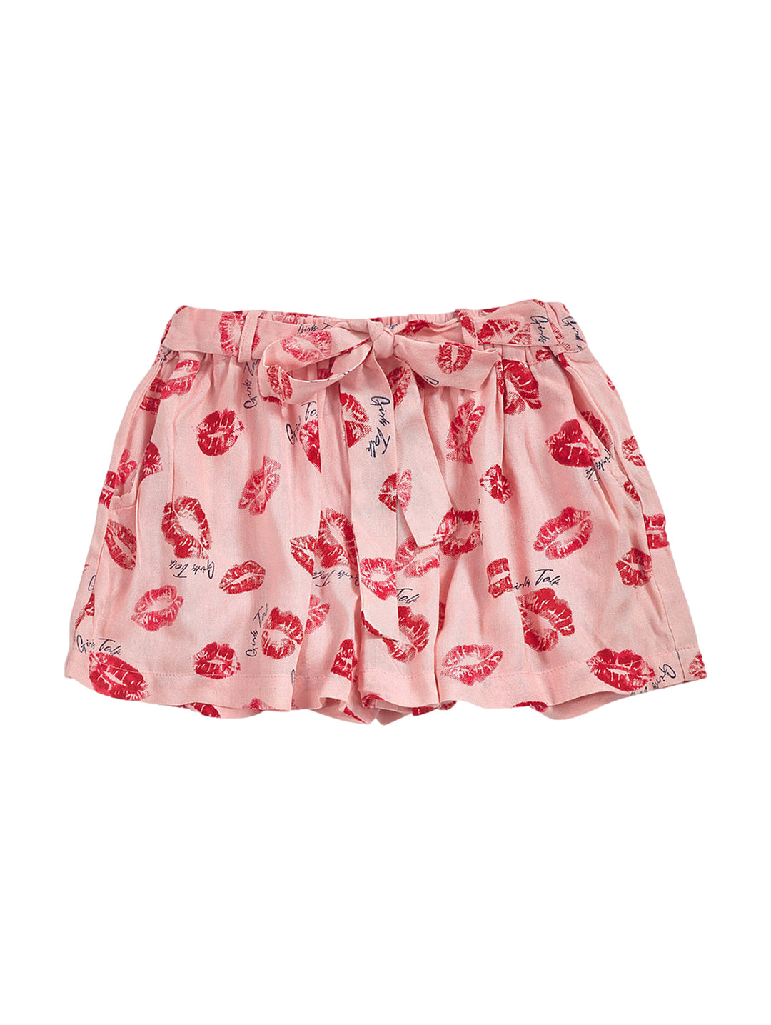 Short falda rosa para niña con estampado de labios rojos y lazo en la cintura.