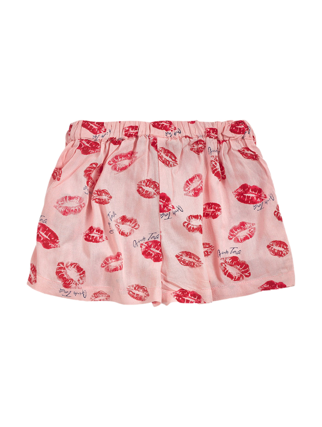 Short falda rosa para niña con estampado de labios rojos y lazo en la cintura.