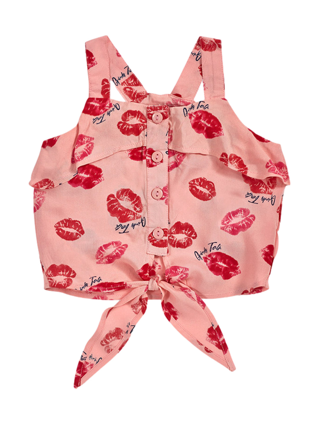 Blusa rosa para niña con estampado de labios rojos, botones frontales y nudo en la cintura.