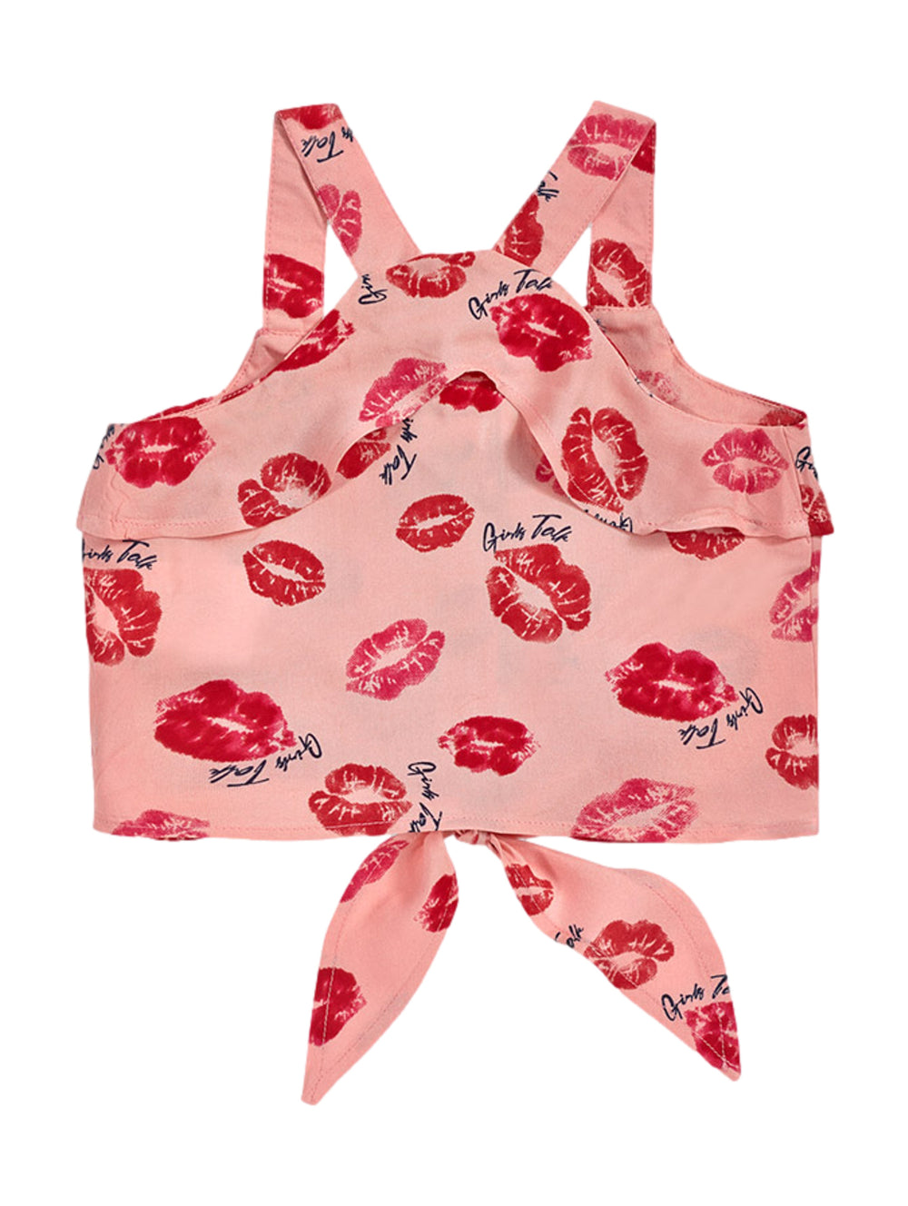 Blusa rosa para niña con estampado de labios rojos, botones frontales y nudo en la cintura.