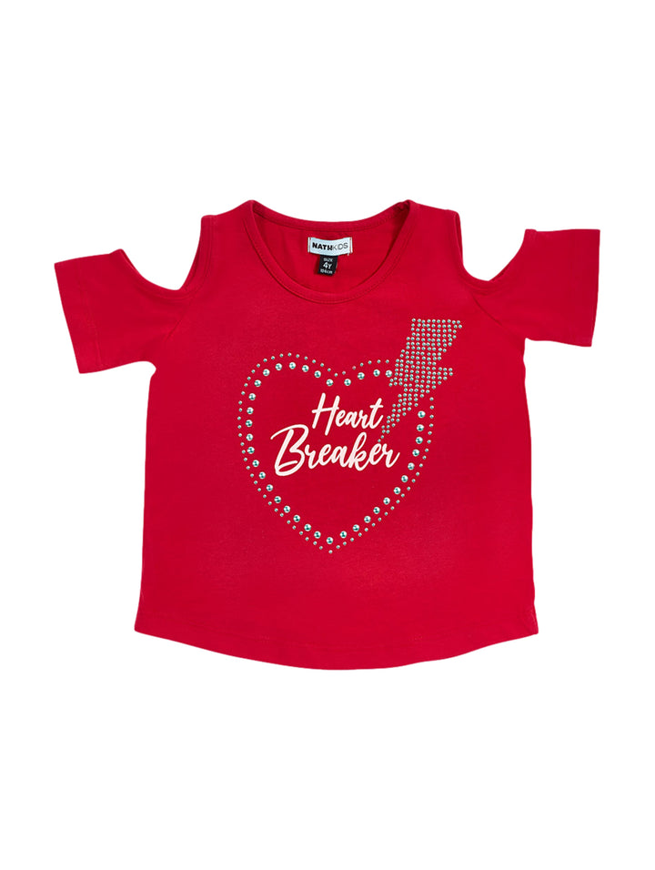 Blusa roja para niña con diseño de corazón y rayo decorado con brillantes y texto Heart Breaker en blanco.