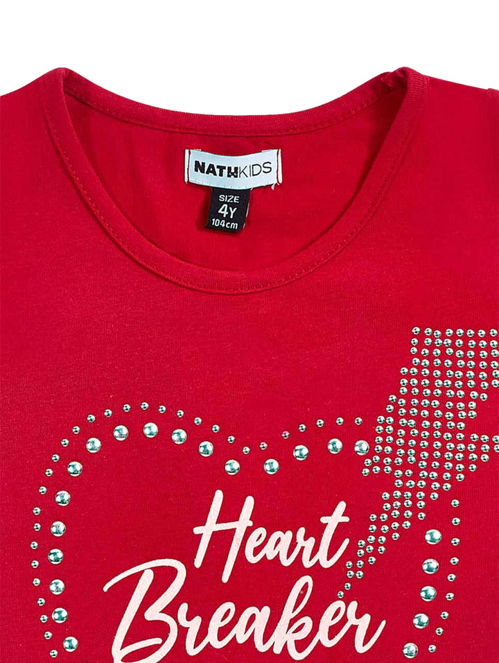 Blusa roja para niña con diseño de corazón y rayo decorado con brillantes y texto Heart Breaker en blanco.