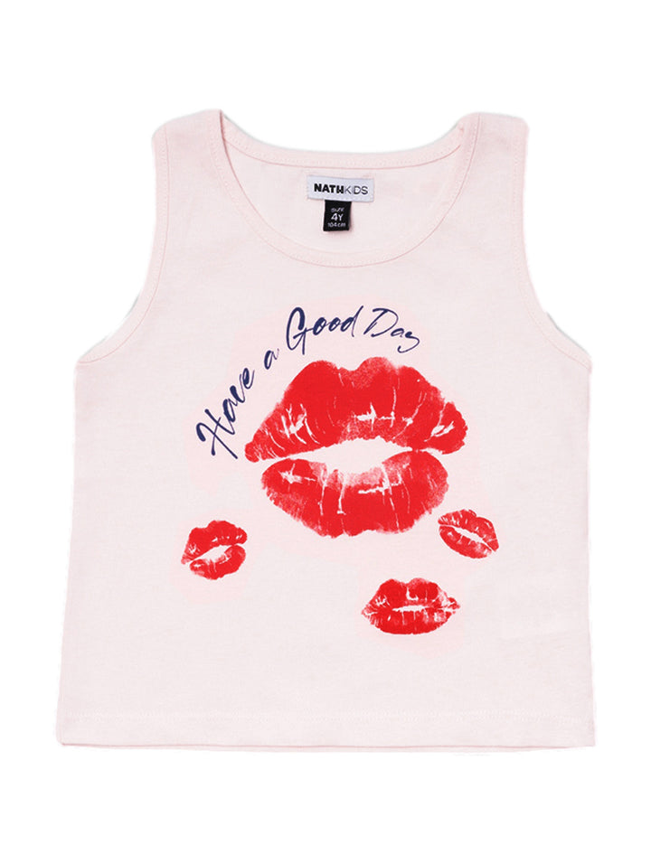 Blusa rosa sin mangas para niña con estampado de labios rojos y la frase Have a Good Day.