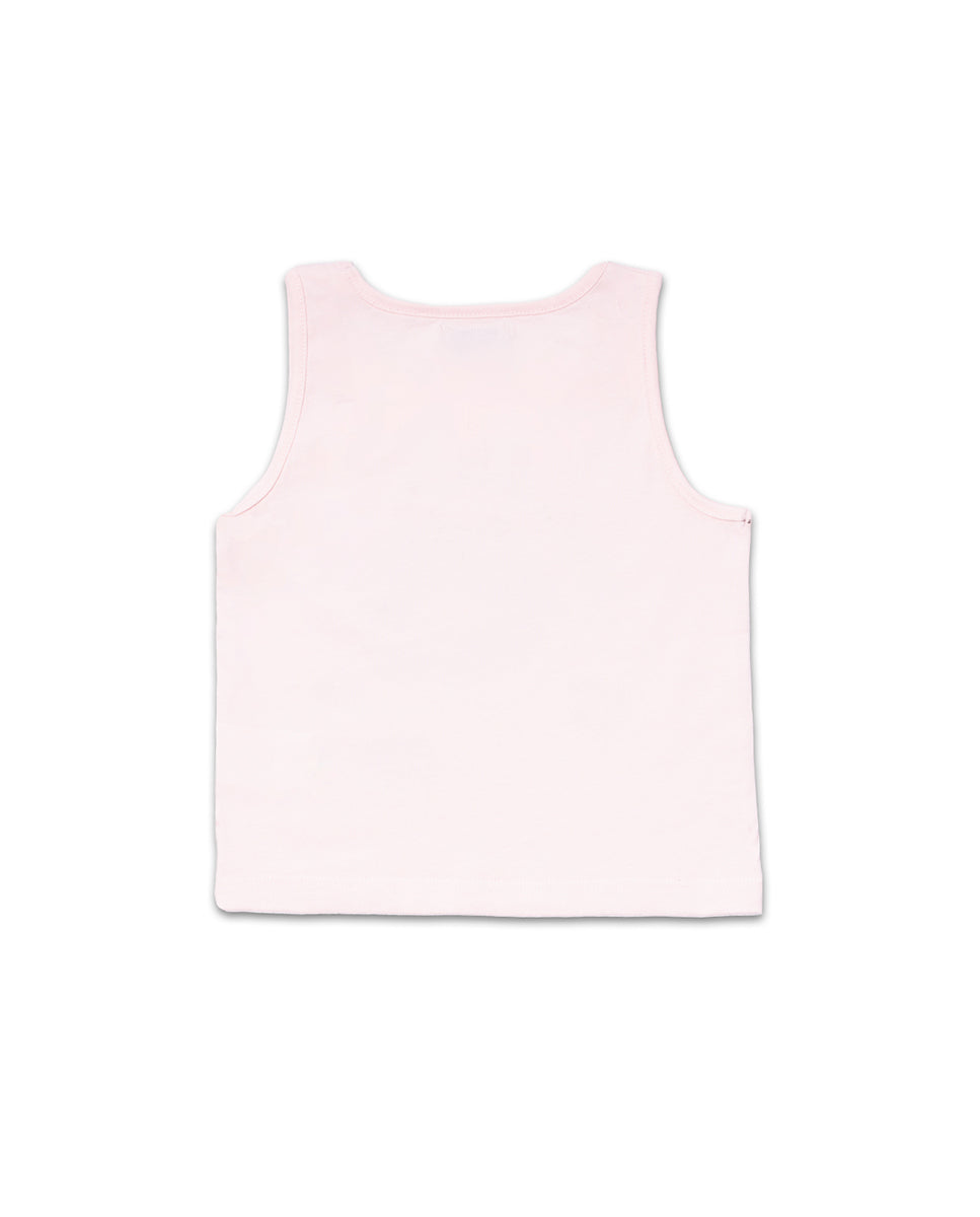 Blusa rosa sin mangas para niña con estampado de labios rojos y la frase Have a Good Day.