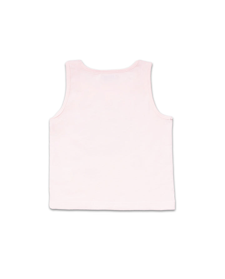 Blusa rosa sin mangas para niña con estampado de labios rojos y la frase Have a Good Day.
