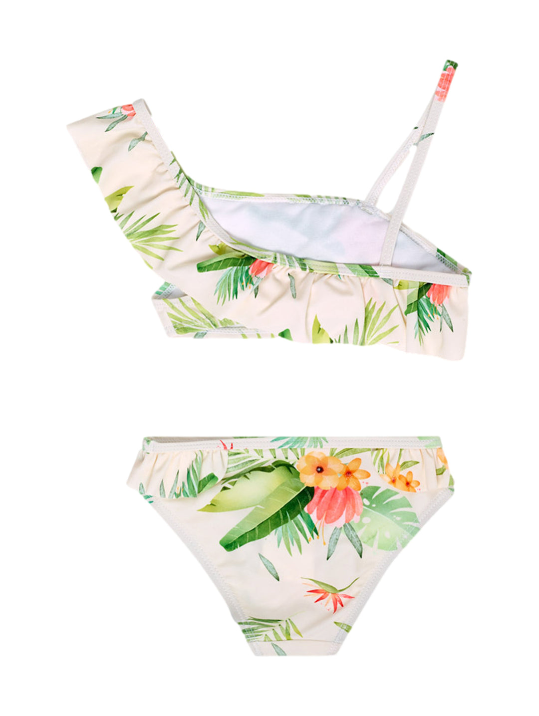 Traje de baño de dos piezas para niña con estampado tropical de hojas verdes y flores sobre fondo blanco.
