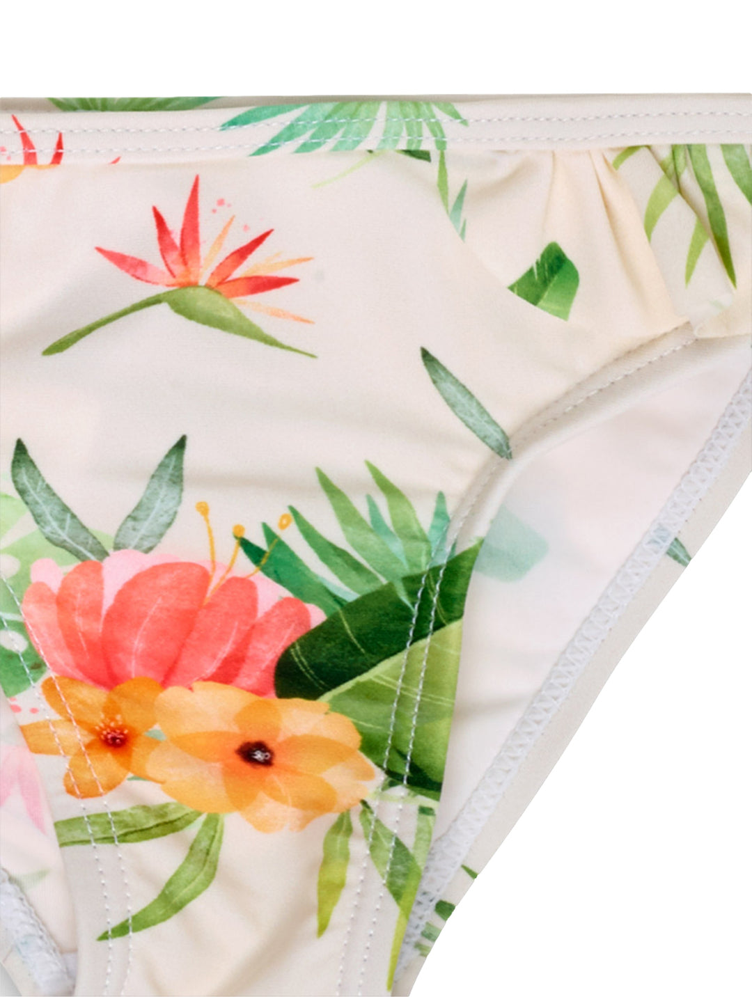 Traje de baño de dos piezas para niña con estampado tropical de hojas verdes y flores sobre fondo blanco.