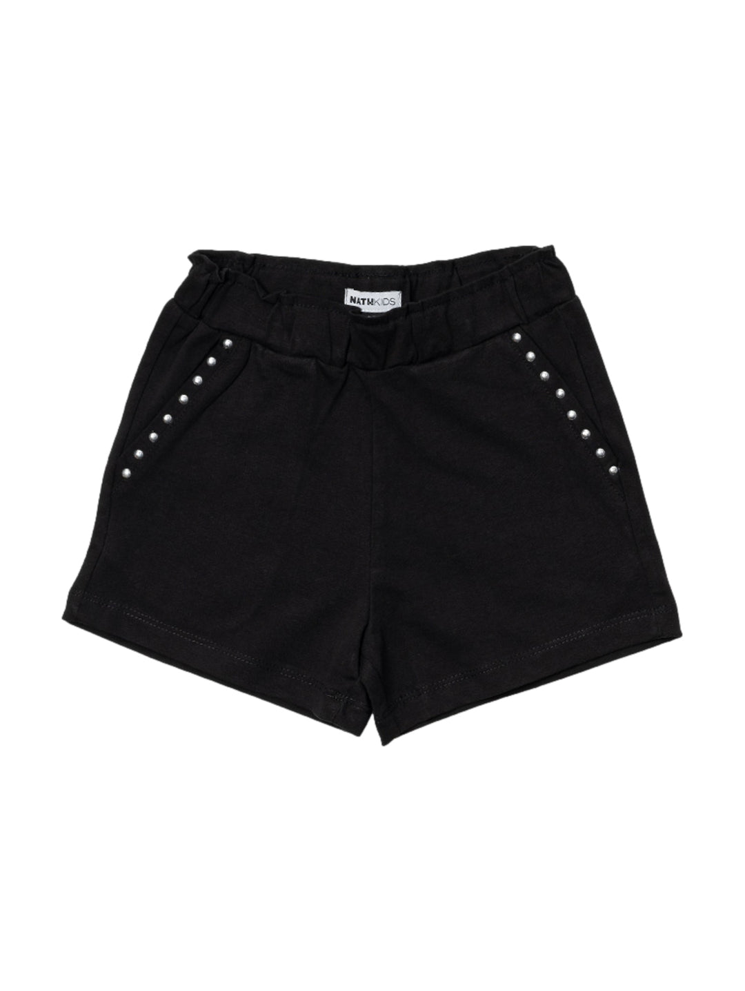 Shorts negros para niños con tachuelas plateadas laterales y cintura elástica.