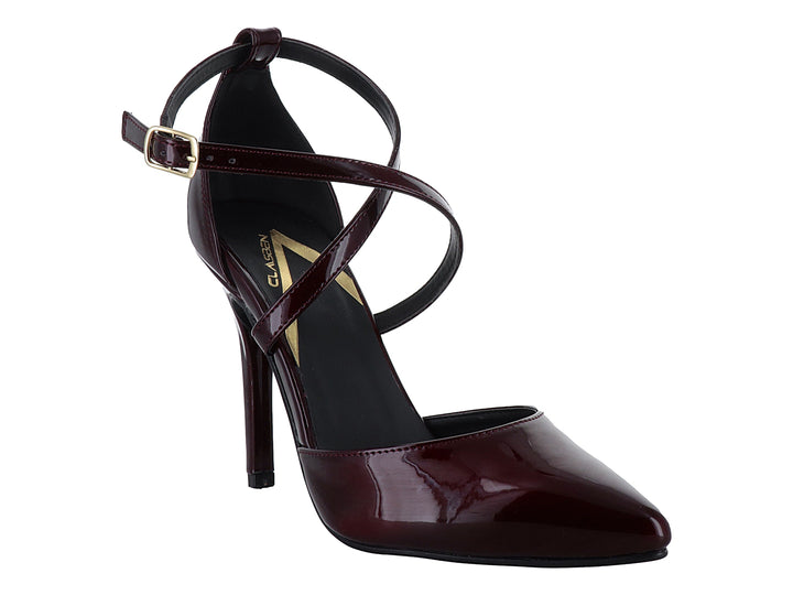 Zapatilla de tacón alto color vino con acabado brillante y tiras cruzadas al tobillo.