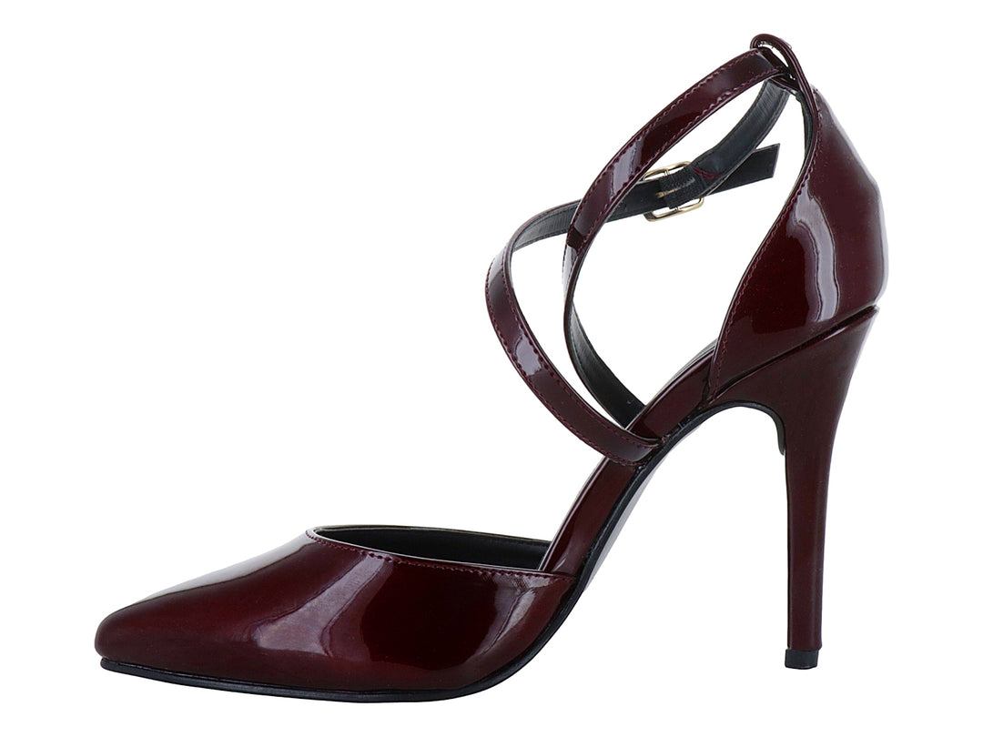 Zapatilla de tacón alto color vino con acabado brillante y tiras cruzadas al tobillo.