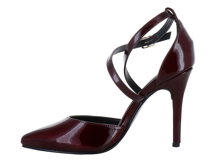 Zapatilla de tacón alto color vino con acabado brillante y tiras cruzadas al tobillo.